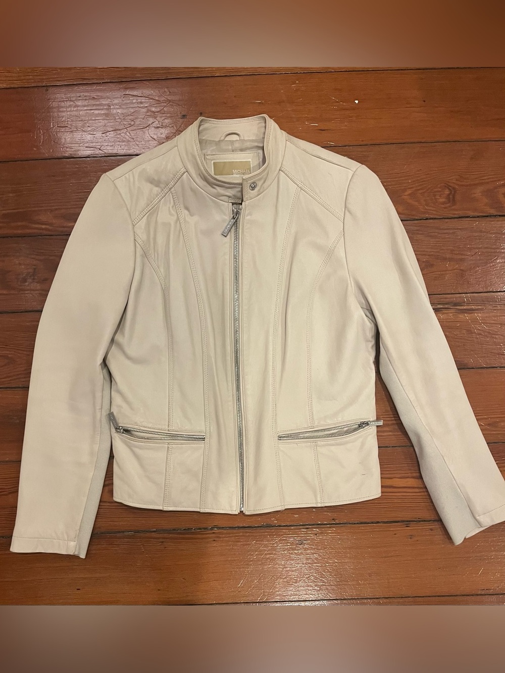 MICHAEL Michael Kors Ivory Genuine Leather Moto Jacket Size L
